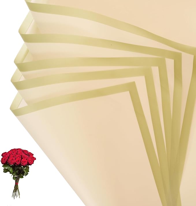 PATIKIL Flower Gift Wrapping Paper, 20 Sheets Gold Edge Waterproof Bouquet Paper Wrap Florist Supplies Packaging Floral Papers for Wedding DIY Craft Valentine Mother's Day, Beige