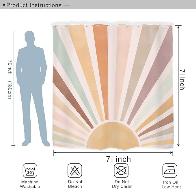 Miyotaa Sun Rainbow Retro Shower Curtain Set 71Wx71H Inches Minimalist Art Colorful Pastel Girls Abstract Colorful Aesthetic Vintage Polyester Waterproof Bathroom Curtain with 12 Hooks