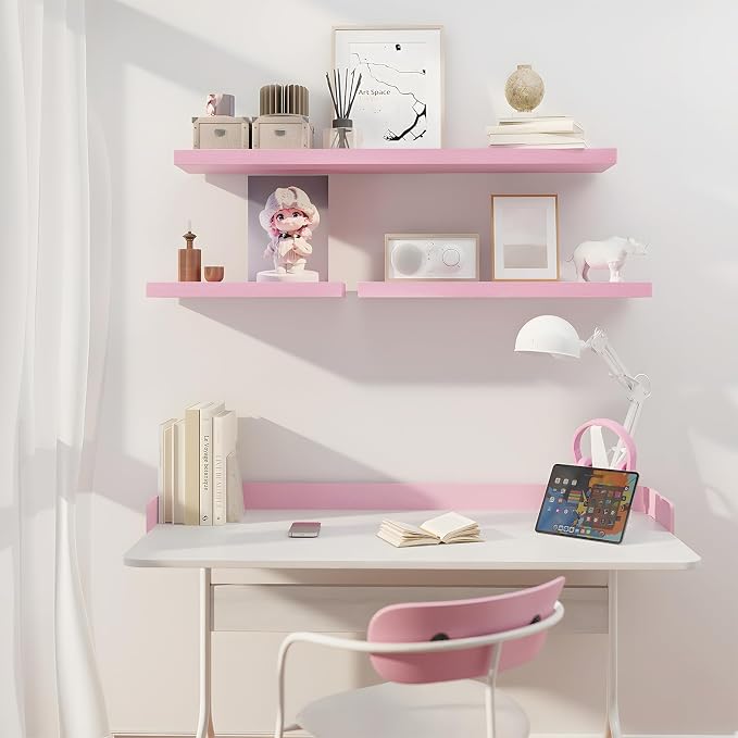 SAUMONIERES Floating Wall Shelves for Bedroom Bathroom Wall Mounted Solid Wood Shelf 24 Inch Set of 3, Pink Floating Shelves