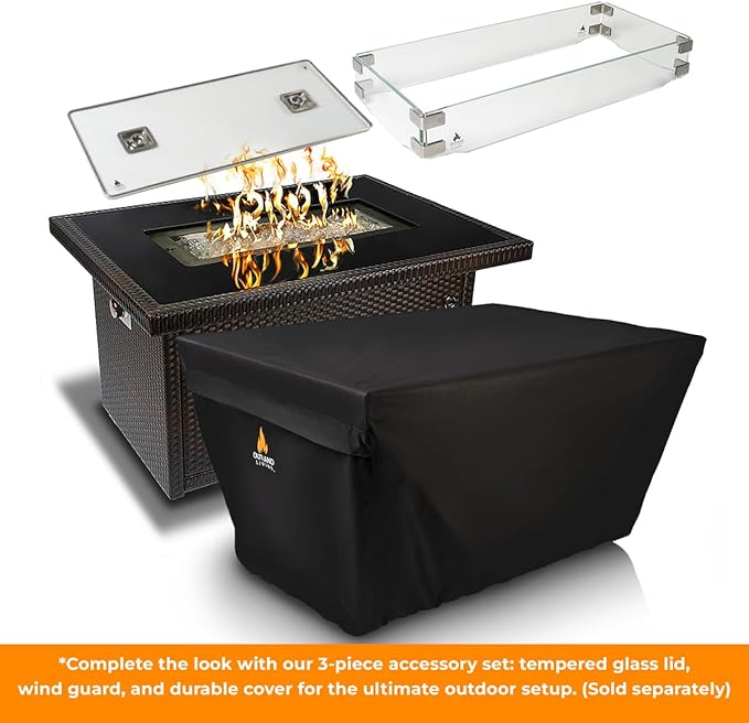Outland Living Series 403 Fire Table – 44" 50,000 BTU Outdoor Propane Gas Fire Pit Table with Tempered Glass Top & Arctic Ice Decorative Glass Rocks, Espresso Brown