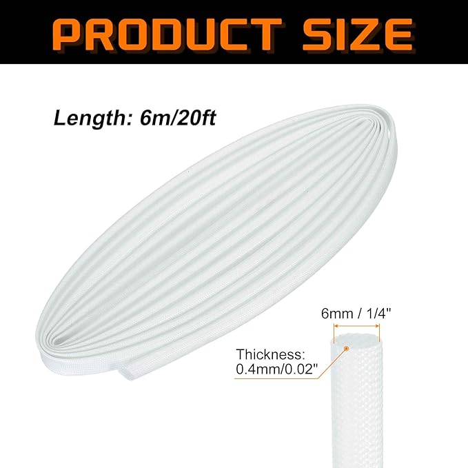 MECCANIXITY 20ft Braided Cable Sleeve, 1/4" ID 200C High Temperature 1500V Fiberglass Wire Insulation Cord Protector Organizer Wires Management for Motor Engine Fuel Line, White