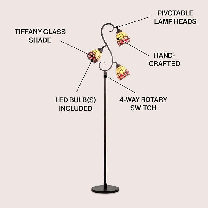 JONATHAN Y 70.5" Bronze 3-Light Tiffany-Style Stained Glass LED Floor Lamp, Traditional Handcrafted Iron Tree Lamp for Living Room, Multi-Color, LED Bulbs Included, UL Listed JYL8013A
