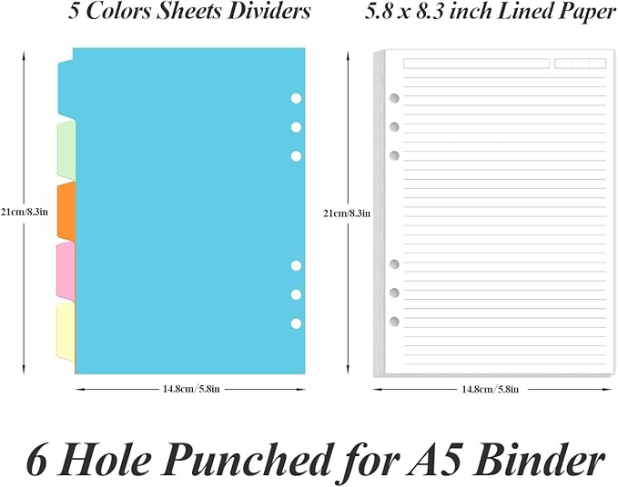A5 Refill Paper - 6 Hole Planner Inserts for A5 Binder, 200 Pages 6 Ring Loose Leaf Lined Paper with 5 Colorful Binder Dividers, 5.8" x 8.5"
