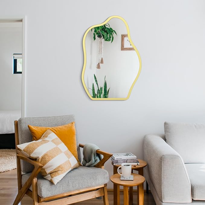 Yellow Irregular Wooden Framed Mirror Hanging Asymmetrical Mirror for Wall Modern Wall Mirror Unique Shape Decorative Vanity Bathroom Living Room Bedroom Entryway Hallway Artistic Large Mirrors