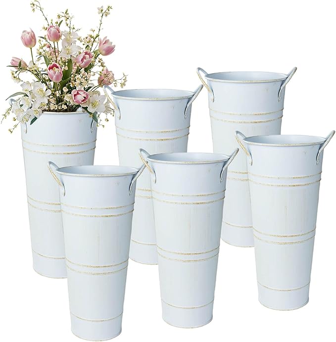 9 Inch Galvanized Metal Vases for Flowers - 6 Pcs Farmhouse Decorative Tall Flower Bucket with Handles, Rustic French Tin Planter Buckets for Wedding Decor (Vintage White)