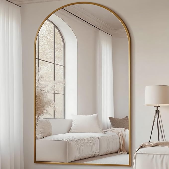 Dewfig Arched Full Length Mirror, 81"x41" Large Floor Mirror with Stand, Oversized Full Body Mirrors for Leaning or Hanging, Wall Mounted Mirrors for Bedroom, Living Room,Dressing Room, Gold