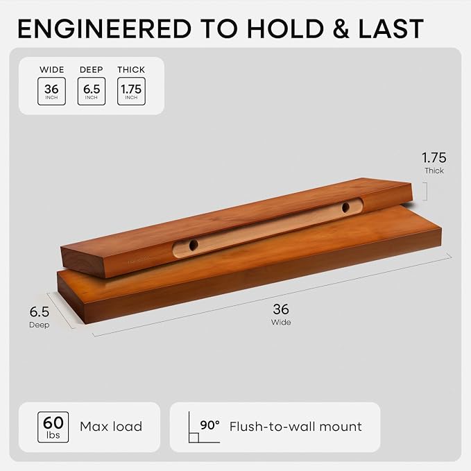 Homeforia Oak Floating Shelves 36 inches Long, High End Solid Real Wood 36 inch Floating Shelf for Room Wall, Honey Oak Wooden 36inch Kitchen Shelves, Heavy Duty Bracket, 36 X 6.5 X 1.75 in, Set of 4