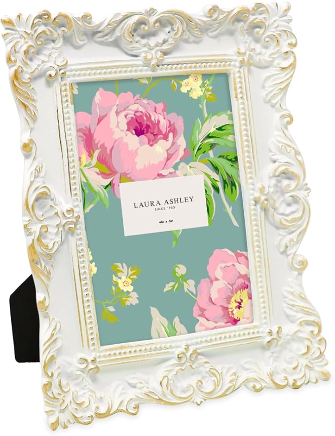Laura Ashley 4x6 White & Gold Ornate Textured Hand-Crafted Resin Picture Frame w/Easel & Hook for Tabletop & Wall Display, Decorative Floral Design Home Décor, Photo Gallery, Art (4x6, White/Gold)