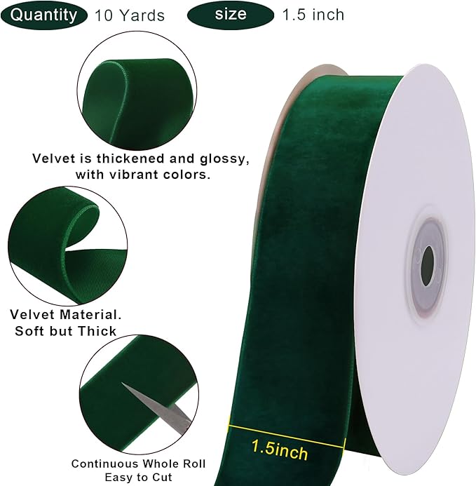 10 Yards Green Velvet Ribbon 1 1/2 Inch for Christmas Tree,Dark Greens Velvet Christmas Ribbon for Gift Wrapping Crafts Bow Wreath Holiday Decorations (Dark Green)