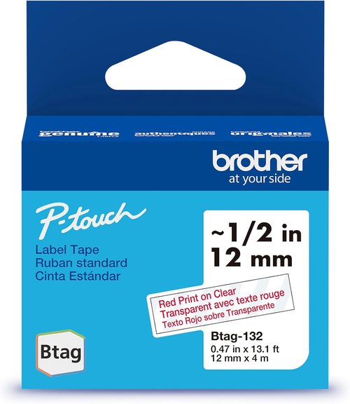 Brother Genuine P-Touch Label Tape - Red on Clear, 1/2in x 13.1ft (12mm x 4m) | Compatible with PT-N10, PT-N20, PT-N25BT