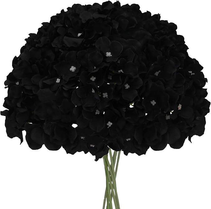 Fake Black Hydrangea Artificial Flowers - Faux Silk Hydrangeas Flowers Heads with Stems Real Touch for Home Wedding Party Table Decor(Black,Black of 10)