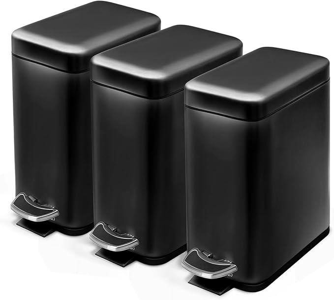 Home Zone Living 3-Pack 1.3 Gallon Small Black Bathroom Trash Can with Lid and Step Pedal, Stainless Steel Wastebasket with Slim Design for Home and Office, 5 Liters