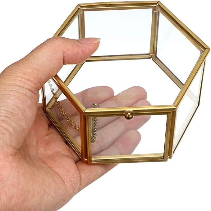 Hipiwe Preserved Flower Glass Box, Hexagon Glass Jewelry Decorative Bin, Ornate Trinket Display Organizer Case Keepsake Box Gift for Women