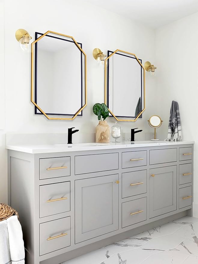 Modern Bathroom Mirror, 36" x 24" Black and Gold Decorative Wall Mirror with Modern Octagonal Metal Frame, for Living Room, Dining Room, Entryway