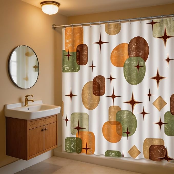 Boho Mid Century Shower Curtain Retro Abstract Geometric Shapes with Starburst Sage Green Beige and Terracotta Fabric Bath Curtain Polyester Bathroom Decor with Hooks (72"X78")