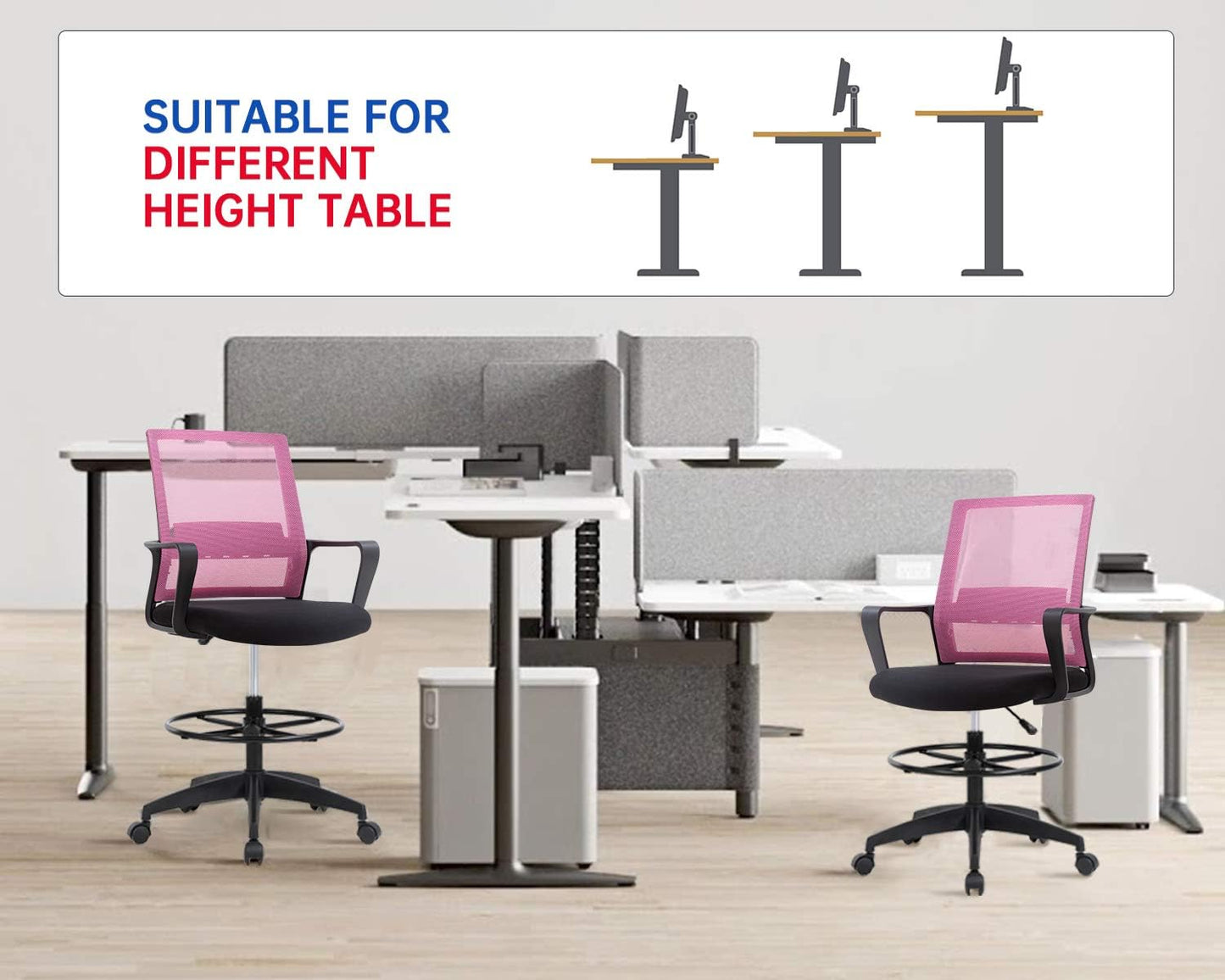 Skiennix Drafting Chair - Adjustable Tall Office Chair with Lumbar Support & Footrest | Pink