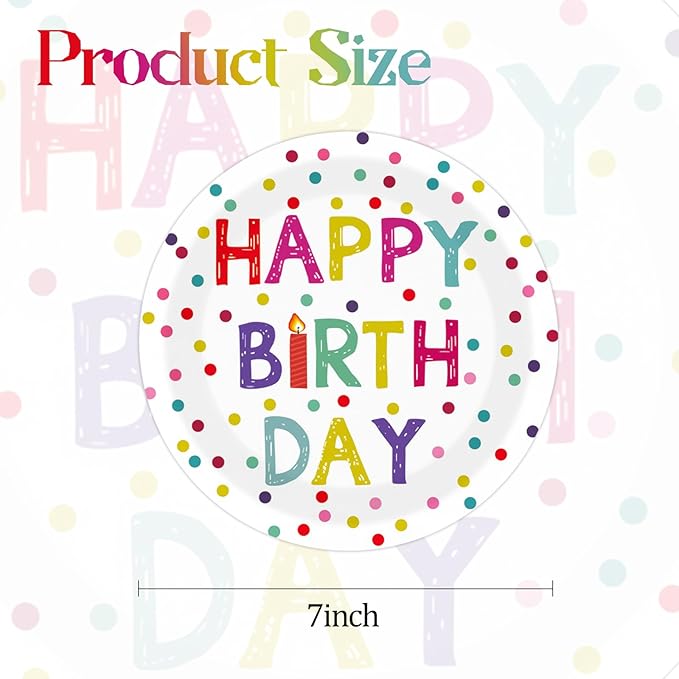 50PCS Happy Birthday Party Paper Plates 7 Inch, Disposable Colorful Polka Dots Cake Dessert Plates for Picnic Baby Shower Party Decorations (Birthday)