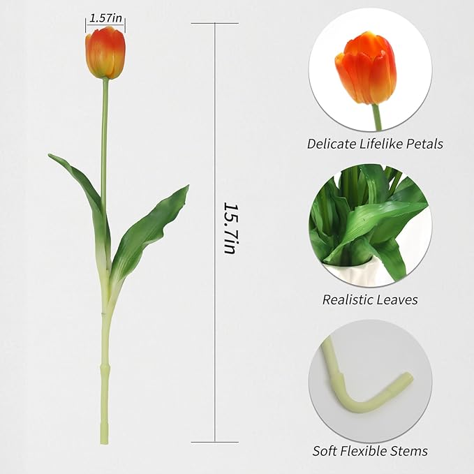 20 Artificial Tulips in Fluted Glass Vase, Waterproof Faux Flowers Bouquet for Wedding Home Office Decor, Table Centerpiece, Housewarming Birthday Gift Set (Orange)