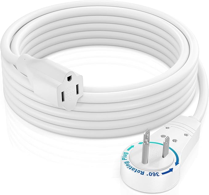 Maximm Cable 10 Feet 14Awg 360° Rotating Flat Plug Extension Cord/Wire, 3 Prong Grounded Wire, Heavy Duty Extension Cord - UL Certified - White