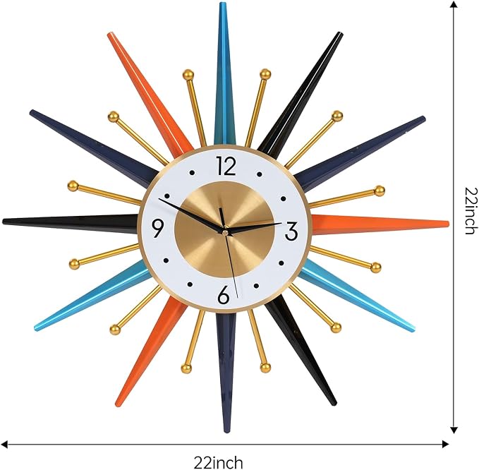 22-Inch Large Starburst Wall Clock – Mid-Century Modern Decorative Wall Clock, Silent Non-Ticking Quartz Movement, Battery Operated Colorful Clock for Living Room, Bedroom, Kitchen & Office