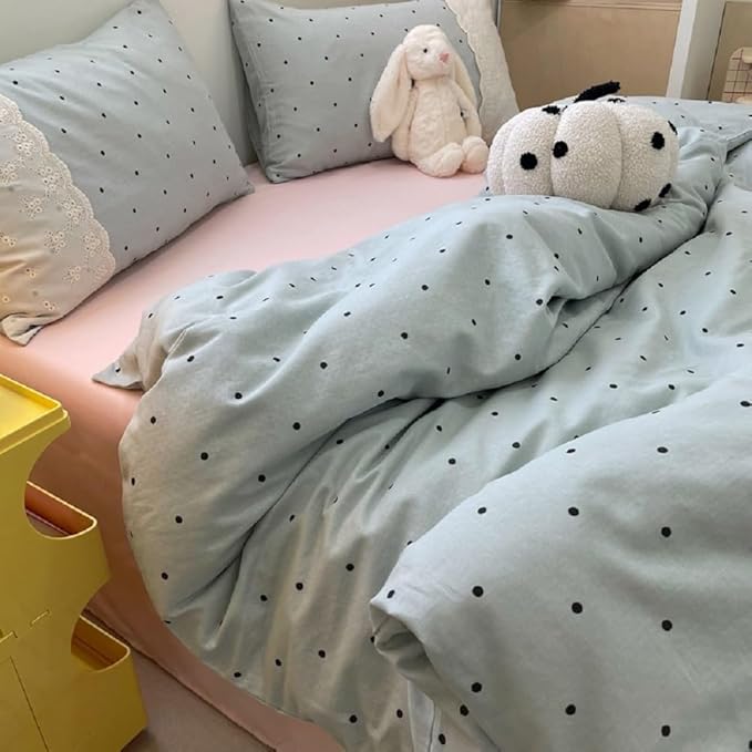 Twin XL Comforter Set Lightweight Polka Dots Comforter for Girls Teens Fluffy Soft Microfiber Princess Style Lace Bedding Comforter with 2 Pillowcases Cute Black Dots Pattern Blue Comforter Set