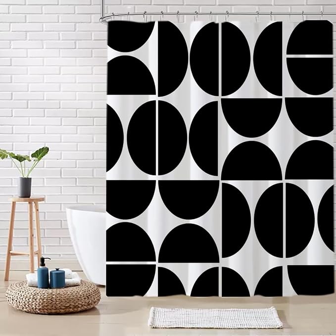 Black and White Geometric Shower Curtain - Mid-Century Modern Abstract Art, Waterproof Polyester Fabric, 72x72 Inches, with 12 Hooks