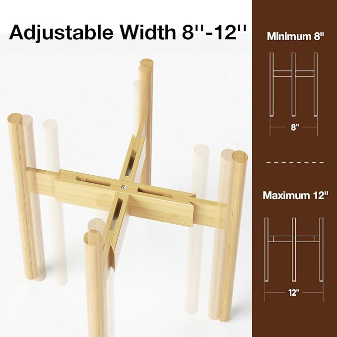 MUDEELA Plant Stand for Indoor Plants: Adjustable Width Fits 8-12 Inch Pots - Mid-century Modern Bamboo Plant Stand - 14.5 Inch Single Tier Small Floor Plant Holder, Natural, 2 Pack (Without Pot)