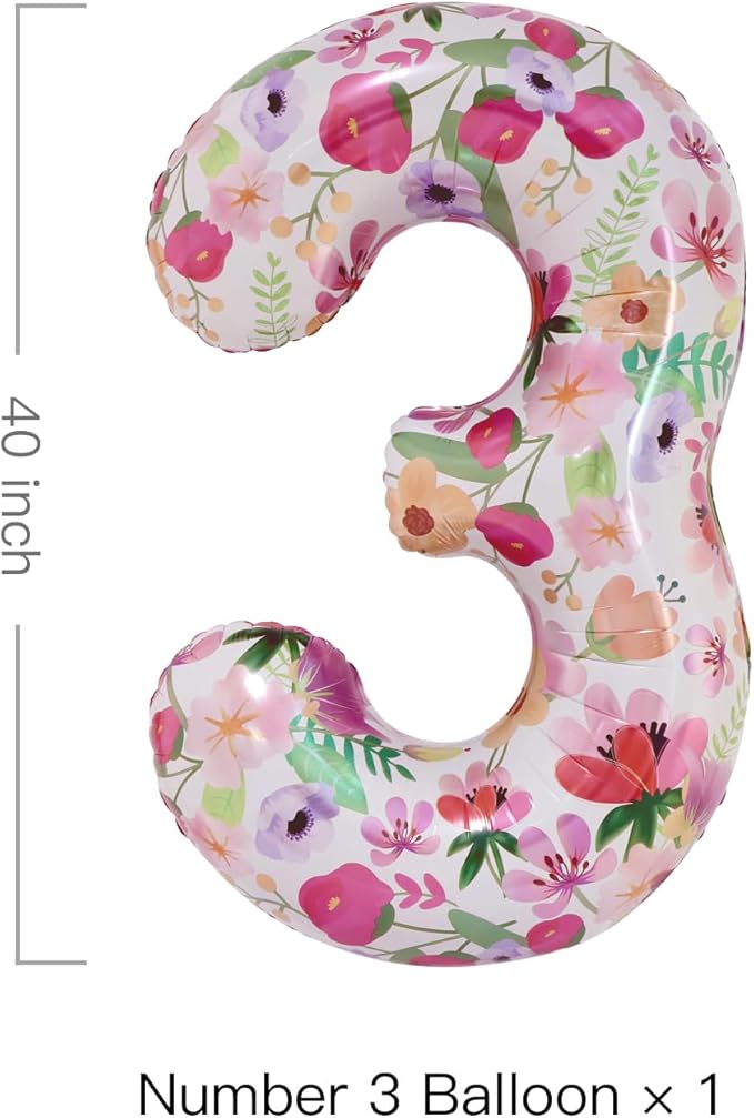 Flower Balloons 40 Inch Floral Number 3 Balloon for 3rd Birthday Garden Party Decorations Three Year Old Photo Props Foil Number 3