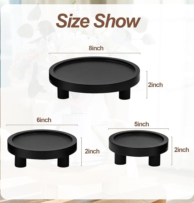 3 Pcs Wood Plant Stand Indoor Outdoor, Wooden Stool Display Stand 5/6/8" Round Riser Flower Pot Holder with Raised Edge Small Planter Tray Modern Potter Decorative for Garden Desktop Home Table Counter Room (Black)