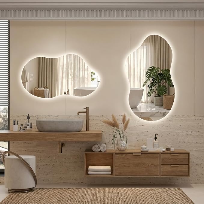 Irregular Backlit Bathroom Mirror with Lights 40 x 24, Asymmetrical Cloud Led Lighted Vanity Mirror for Wall, Anit-Fog, Dimmable, (Horizontal/Vertical)