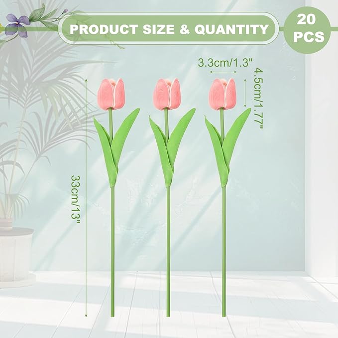 uxcell 20pcs Tulips Artificial Flowers, Faux Flowers Silk Fake Tulip Stems Real Touch for Wedding Bouquet Centerpiece Table Party Decoration(Pink)