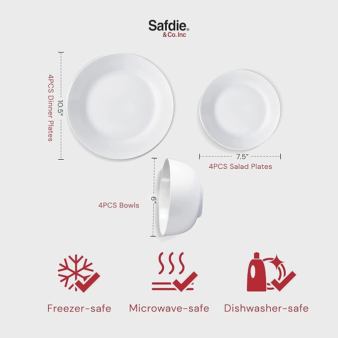 Safdie & Co. 12-Piece Modern Porcelain Ceramic Rim Aspen Dinner Set, Stackable, Lightweight Design for Everyday Use, in White Sketch