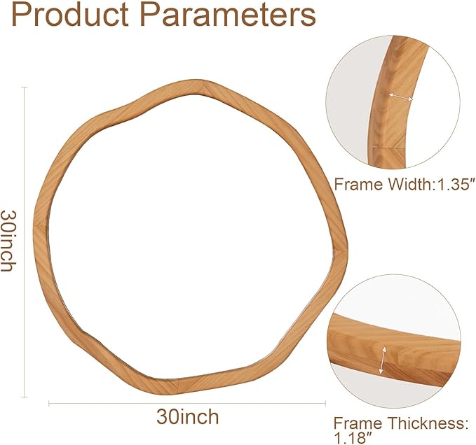 ULIKE Round Wood Mirror, 30 Inch Irregular Circle Vanity Wall Mirror with Wooden Frame, Rustic Decorative Wall Mount for Bathroom Bedroom Living Room Entryway, Natural