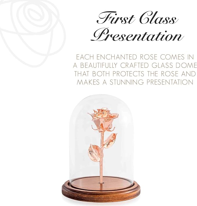 Forever Rose Enchanted Preserved with Real Gold Dipped Rose Lasts Forever | Includes Wood Base & Glass Dome | Rose Gold Roses Assembled by Hand in The USA | Romantic Gifts for Women