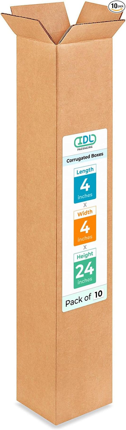 Tall Moving & Shipping Boxes 4x4x24 inches (10-Pack) - Extra Strength 200 lb vs Regular - Corrugated Strong Boxes for Packaging Moving - Cardboard Box, Made in USA - Packing Box by IDL Packaging