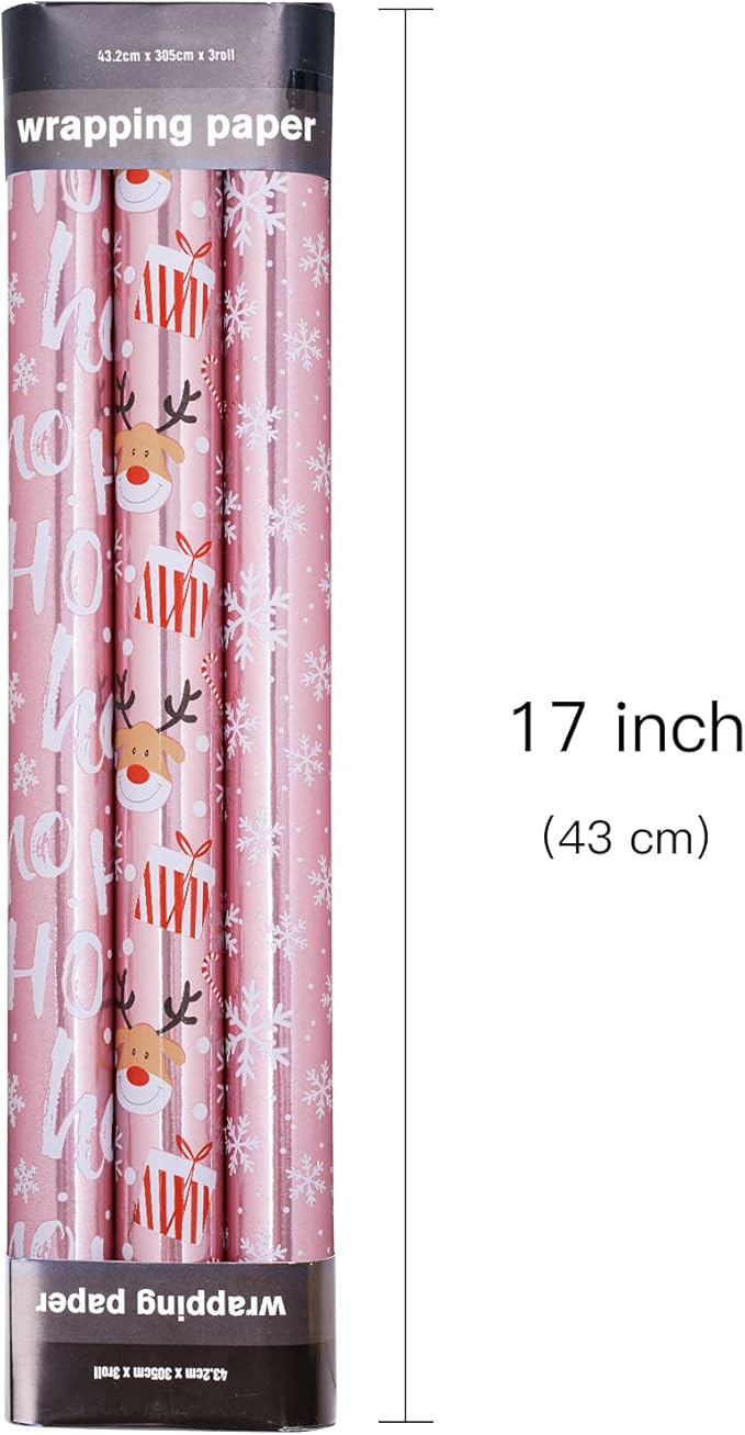 LeZakaa Christmas Wrapping Paper Mini Roll, Pink Metallic Foil Shine Paper - Snowflakes/Santa Claus/HO Print for Gift Wrap, Arts Crafts - 17 x 120 inches - 3 Rolls (42.5 sq.ft.ttl.)