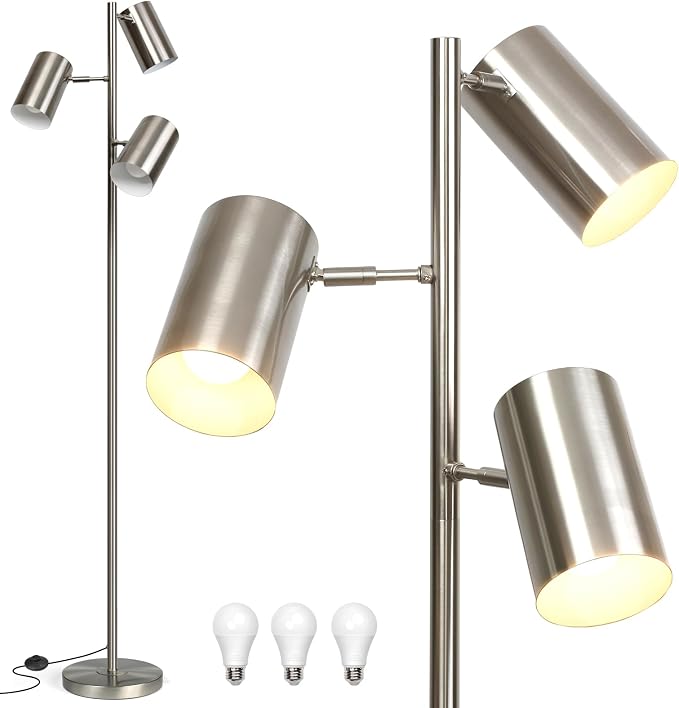 Tree Floor Lamp with 3 Light Bulbs,Nickel Standing Tall Pole Lamp with 3 Adjustable Rotating Lights,Farmhouse Floor Lamp for Living Room Bedroom Office,Vintage Standing Lamp 9W E26 LED Bulbs Included.