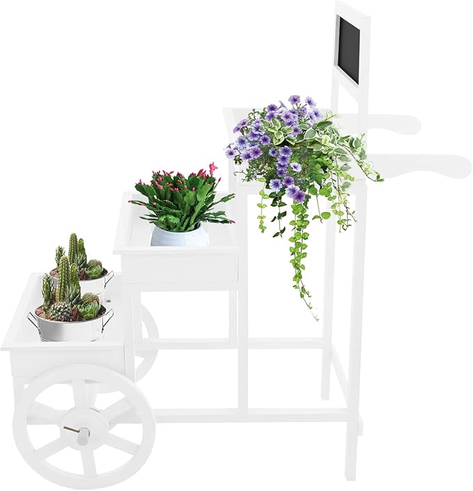 Flower Display Stand | 3-Tier Wood Flower Cart | Flower Cart Display Stand with Wheels | Ladder Shaped Plant stand | Market flower display Stand | Handle & Blackboard (White)