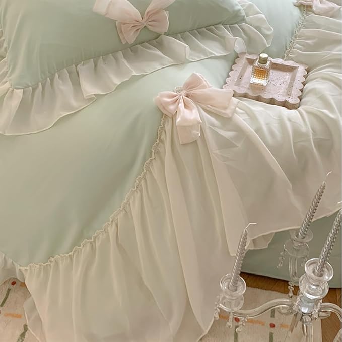 Ruffled Bedding Bow Duvet Cover Set with Butterfly Tie, Soft Brushed Microfiber Shabby Chic Bedding Set with Zipper Closure