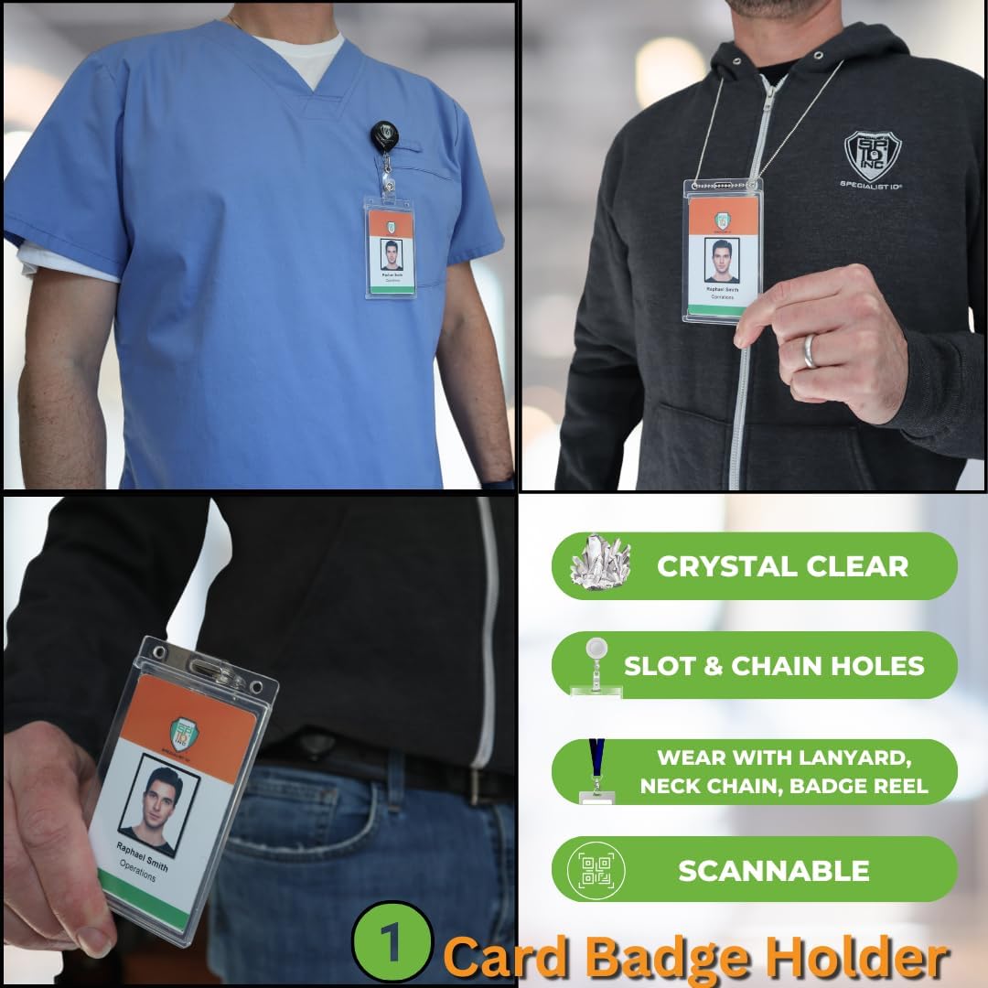 Specialist ID Crystal Clear Heavy Duty Badge Holder - Vertical Rigid ID Protector for Lanyards | 3 Pack