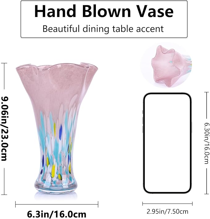 9.0" H Blush Glass Vases for Flowers, Unique Hand Blown Glass Vase Blush Home Decor, Wide Mouth Colorful Flower Vase Centerpieces, for Living Room Table Bookshelf, Bathroom Office Shelf Decorative