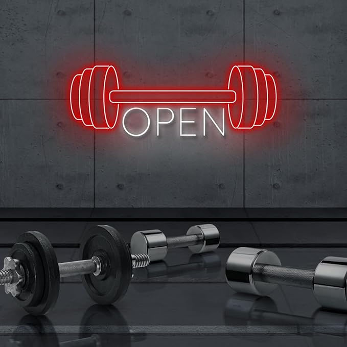 Red Gym Fitness Open Neon Sign, Gym open Led Sign, Weightlifting Led Light, Barbell Neon Light, gym Open Wall Art Decor, House Wall Signs Decor for Business Window Open Signs, Fitness Club Decor