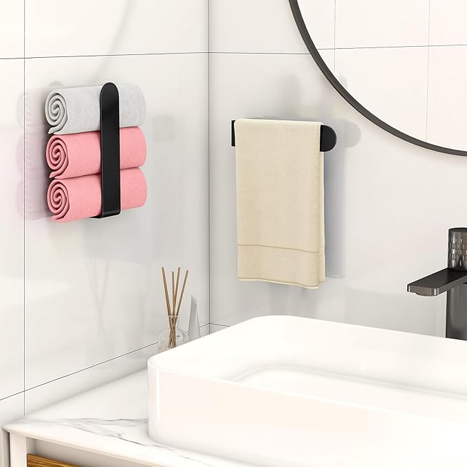 Hand Towel Holder, Self Adhesive Towel Racks for Bathroom Wall Mounted, 8 Inch Square Hand Towel Bar Stick on Wall for Kitchen Cabinet RV, Black (2 Pack)