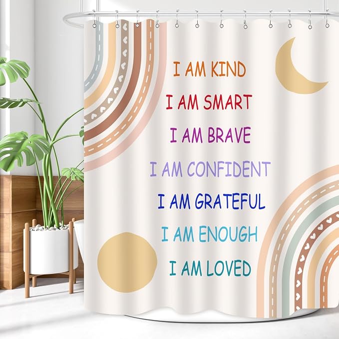 Boho Rainbow Quotes Shower Curtain Colorful Inspirational Positive Kids Teen Girls Abstract Moon Sun Fabric Home Bathroom Decor Waterproof Fabric 72Lx60W Inch with Plastic 12PCS Hooks