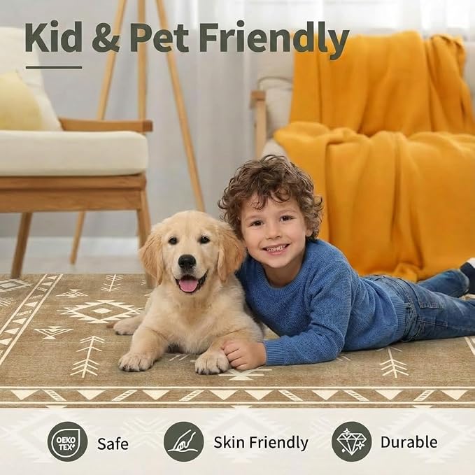 5x7 Area Rug Southwestern Tribal Geometric Rug with Non Slip Backing, Washable Low Pile Light Beige Sand Brown Carpet for Bedroom, Living Room, Dining Room, Home Office