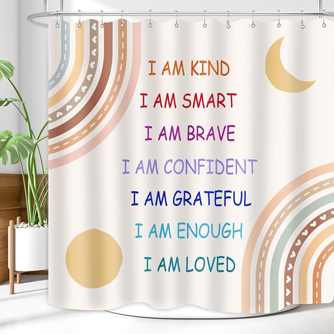 Boho Rainbow Quotes Shower Curtain Colorful Inspirational Positive Kids Teen Girls Abstract Moon Sun Fabric Home Bathroom Decor Waterproof Fabric 72Lx72W Inch with Plastic 12PCS Hooks