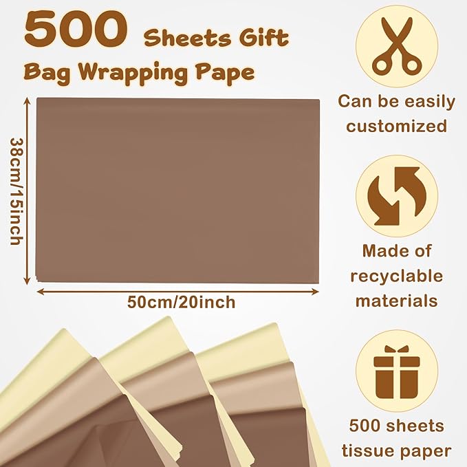 Qilery 500 Sheets Tissue Paper 15 x 20 Inch Acid Free Wrapping Gift Paper Crafts Bulk for Holiday, Birthday, Party Decor, Weddings, Baby Shower(15 x 20 Inch,Classic,Kraft Brown)