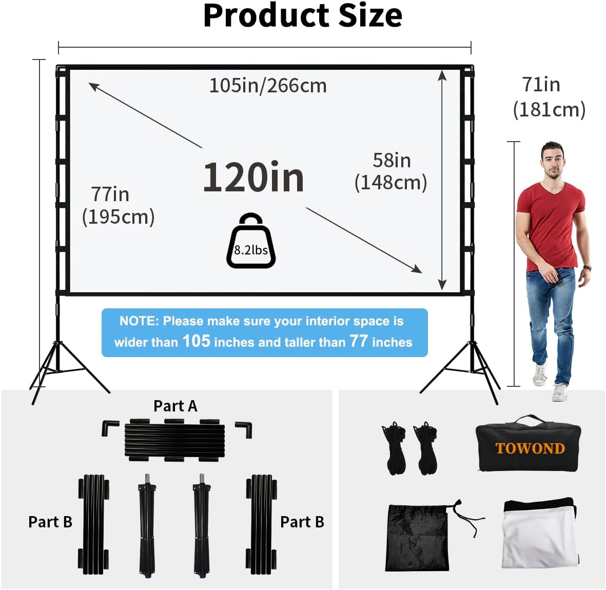 Towond 120-Inch 4K HD Projector Screen - Foldable Anti-Crease Design for Indoor/Outdoor Use