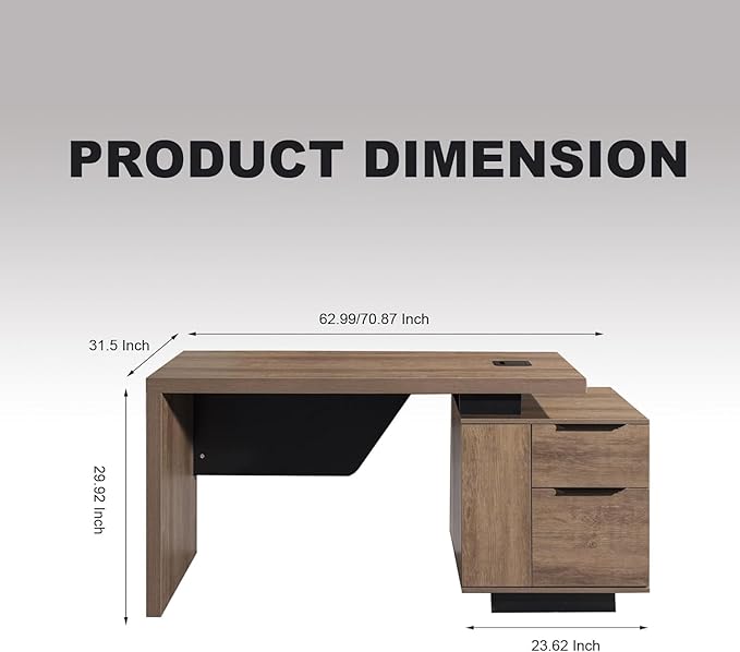 Modern Executive Desk, Rectangle Office Desk with Storage Cabinet, Width Adjustable Desks for Home Office, Business Desk Stand Under Table Storage Organizer, Mahogany