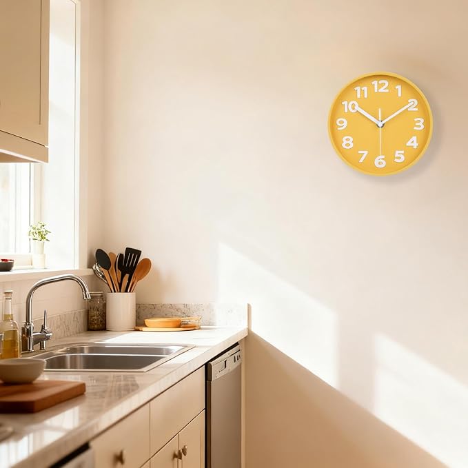 45MinST 8-Inch Yellow Modern Wall Clock – Silent Non-Ticking, 3D Large Numbers, Accurate Timekeeping | Decorative Wall & Desk Clock with Stand for Living Room, Bedroom, Kitchen, or Office